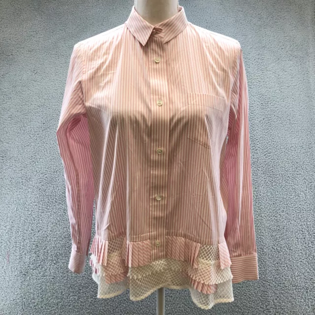 Sacai Blouse Button Up Shirt Womens 2 Pink White Stripe Mesh Pleated Long Sleeve 2