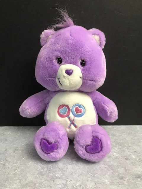 Vintage CARE BEAR Plush SHARE Bear Purple LOLLIPOPS & HEARTS 10 in. Stuffed 2002