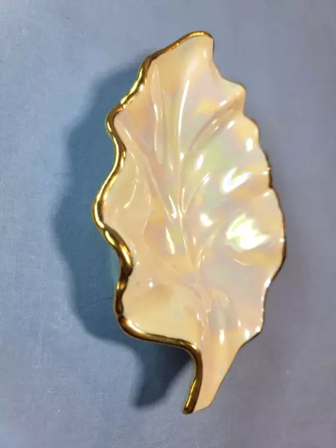 Porcelain Trinket Carnival Glass Leaf Shape w/ 22k Gold Trim Candy Nut Dish USA 2