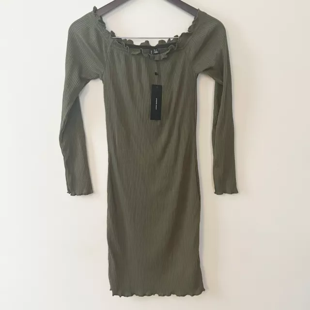 Vero Moda Ribbed Knit Long Sleeves Off the Shoulder Mini Dress Size M Green NEW