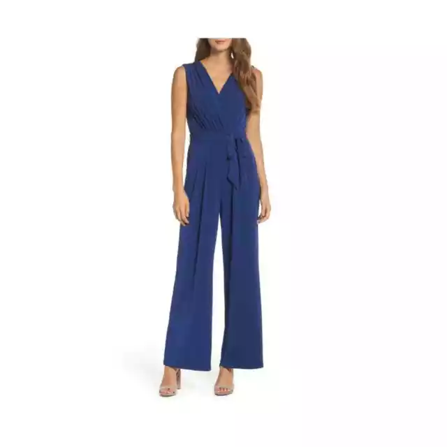 Vince Camuto Faux Wrap Jumpsuit Royal Blue V-Neck Sleeveless Belted Size S