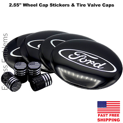 2.55" / 65mm FORD Wheel Center Hub Cap Sticker Decal AND Tire Valve Caps BLACK