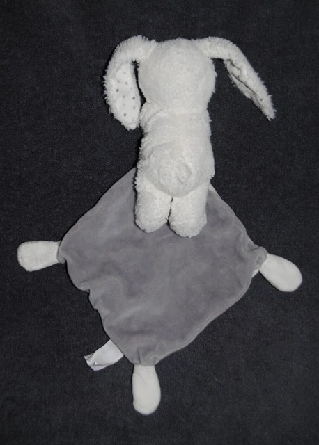 Doudou Lapin Blanc Mouchoir Brodé Bébé POMMETTE Nez et Pois Gris TBE 2