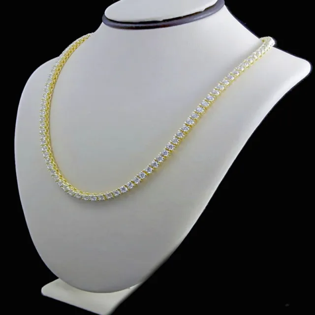 New 925 Sterling Silver Yellow Gold Finish Bling Cz 1 Row Tennis Chain Necklace