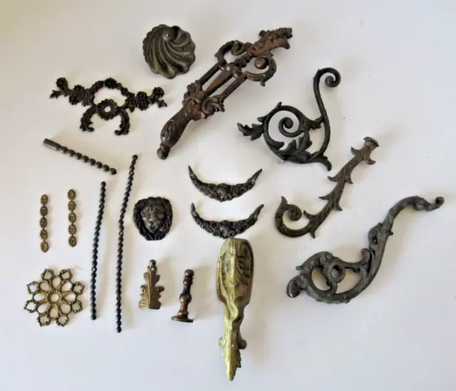 Antique lot furniture hardware ornaments assorted ormolu 17 pc Brass Cast Iron