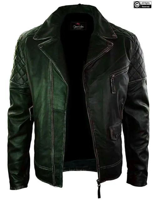 Mens Green Cafe Racer Brando Style Biker Motorcycle Retro Genuine Leather Jacket
