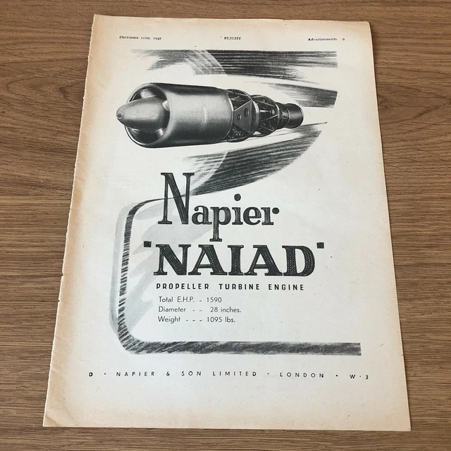 (STA8) Advert 11x8" Napier 'NAIAD' Propeller Turbine Engine, D. Napier & Son Ltd