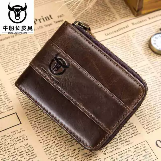 RFID BULLCAPTAIN Mens Genuine Leather Zipper Around Card Slots Coin Wallet Hi-Q