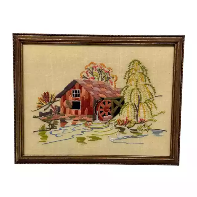 Vintage Crewel Farms Framed Needlepoint Wall Hanging