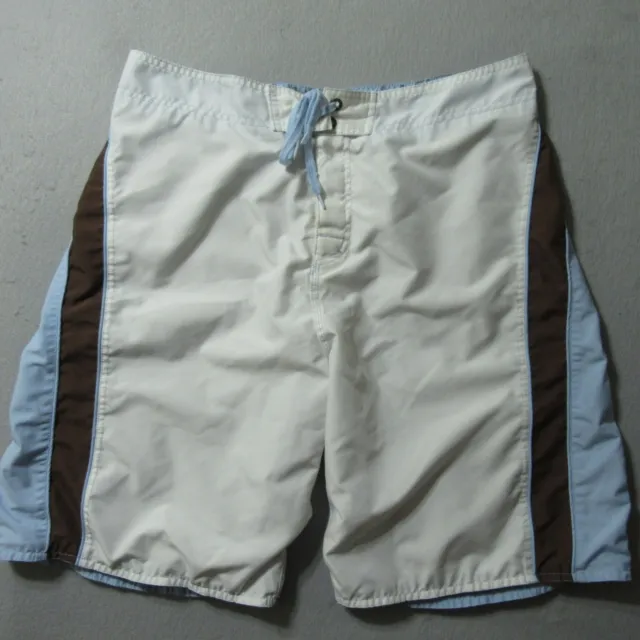 BKE Mens Swim Trunks Sz 36 Blue White Brown Colorblock Drawstring Unlined