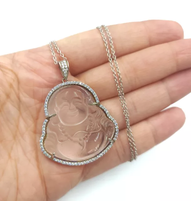 925 Sterling Silver Cubic Zirconia Laughing Clear Buddha Lucky Pendant on Chain