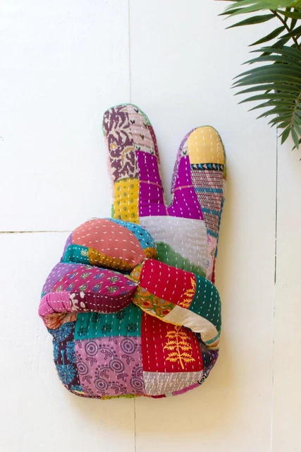Kalalou Kantha Hand Peace Sign Pillow NRV2353