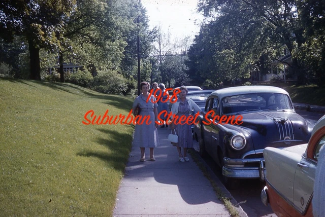 1958 Cars Suburban Street Scene Women Fashion Orig Kodachrome 35mm Photo Slide