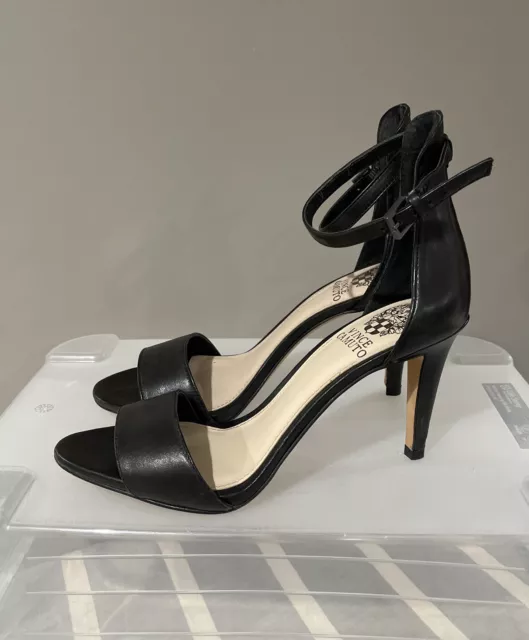 Vince Camuto Court Leather Heels Black Womens 6.5M Ankle Strap Stilettos Sandals