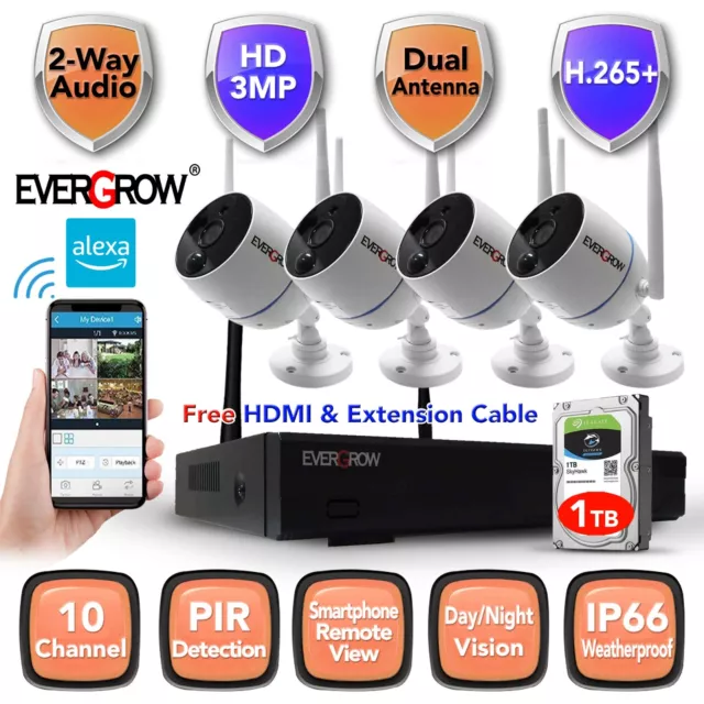 10CH  Wireless 2-way Audio Home Security 3MP HD 1296P CCTV Camera System DVR kit