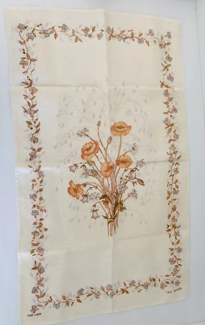 Vintage Pure Linen Tea Towel Floral Bouquet Flowers Neutral Colour Fast Poland