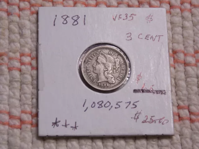 1881 Liberty 3 cent coin very nice