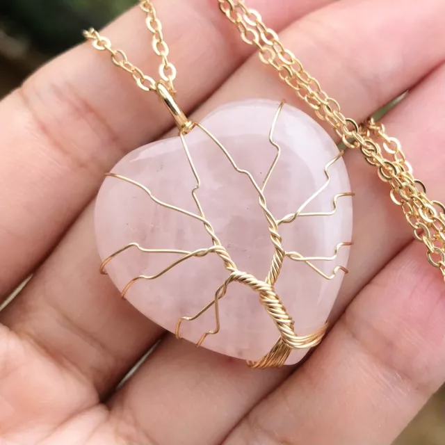 Rose Quartz Gem Tree Of Life Necklace Chakra Reiki Healing Amulet