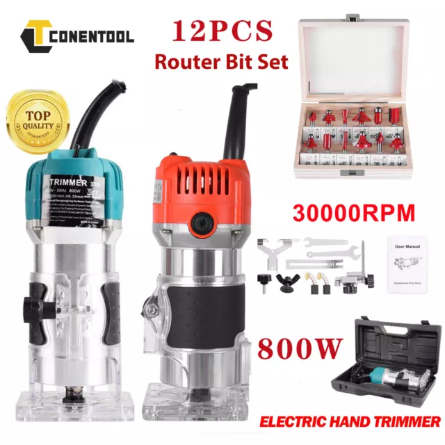 800W 1/4" Electric Hand Trimmer Palm Router Wood Laminator 12/15PCS Bits Set UK