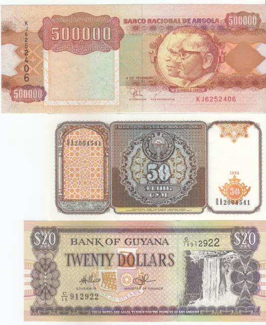 Guyana, Angola, Uzbekistan, Set of 3 Different Countries Banknotes, All