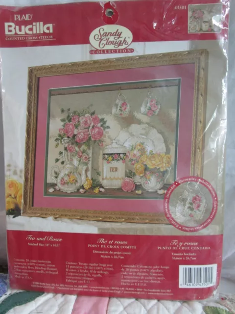 BUCILLA Sandy Clough TEA & ROSES #43501 CHINA CUP TEAPOT FLOWER CROSS STITCH KIT