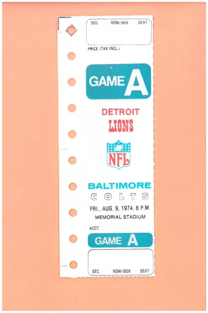Roger Carr Pro NFL Debut 8-9-1974 ticket Baltimore Colts vs Detroit Lions rookie