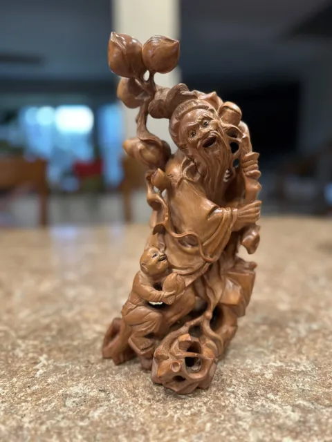 Antique Chinese boxwood Huangyanmu carved wooden Taoist God Of Longevity