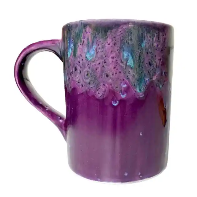 Ceramic Mug Purple Peacock Drip Art Glaze Signed Coffee Cup Green Blue 14 Oz