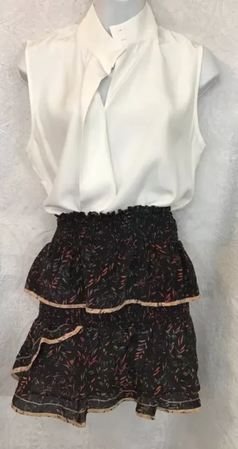 IRO Short Jully Skirt Black Print Silk Layered Ruffle Mini Elastic Waist Size 34