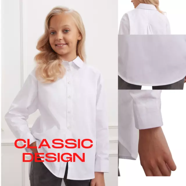 Camicia bianca bambini/ragazze vestibilità regolare manica lunga | uniforme scolastica | camicia di cotone