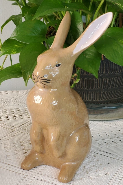 Vtg MCM Pottery Ceramic Spring Rabbitt Easter Bunny 9.5" Brown Pink Ears