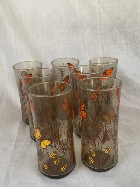 Libbey Drinking Glasses Amber Monarch Butterfly Wheat Pattern Set Of 7 Vtg Read