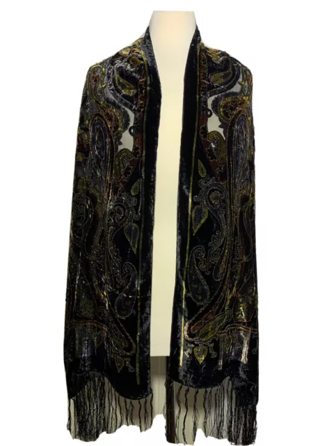 Large Silk Mix Velvet Devore Scarf Stole New With Fringe Black /Gold / Silver