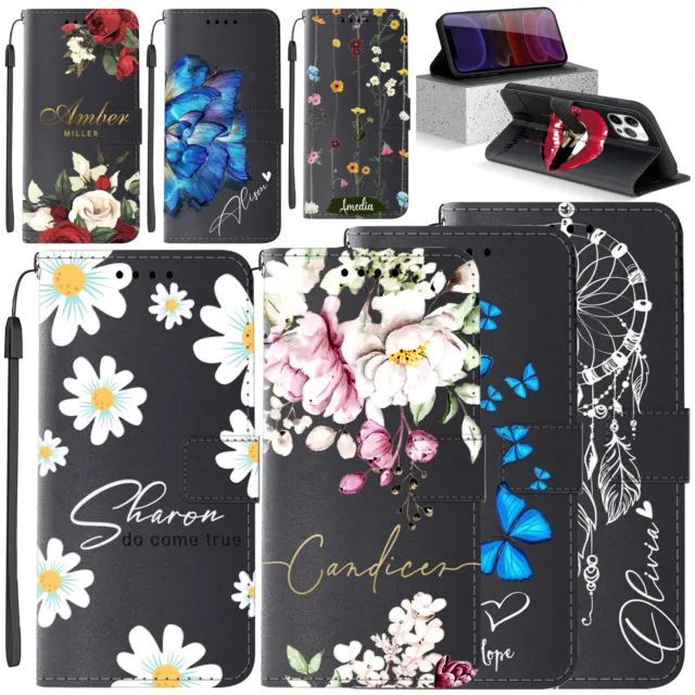 Folio Wallet Leather Floral Personalised Case Cover For iPhone 15 14 13 12 11 XR