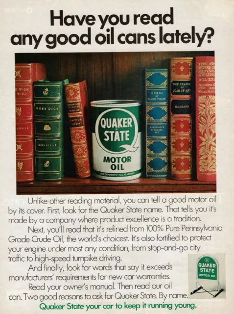 1972 Vintage Print Ad Have You Read any good oil cans lately? Quaker State Books