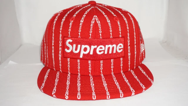 SUPREME NEW ERA 59 Fifty Fitted 7 3/8 Red Text Stripe Box Logo Hat 