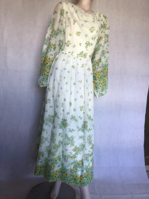 Vtg 70s Miss Elliette white yellow green daisy print cotton lawn maxi dress.M 14