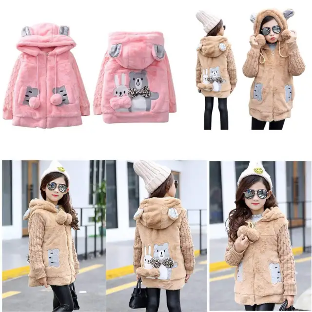 Kids Girls Faux Fur Cotton Coat Long Sleeve Bear Rabbit Applique Hooded Costumes