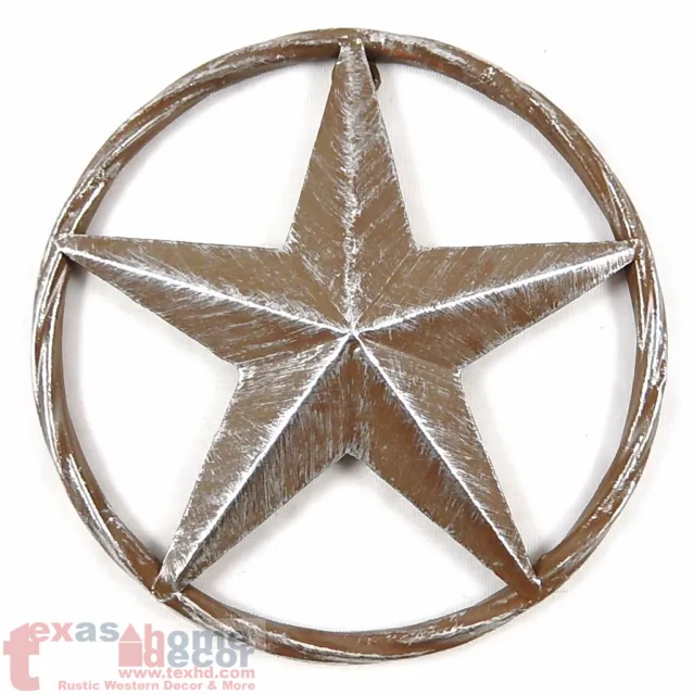 Rustic Barn Star Brown Silver Tin Metal Rope Ring Texas Wall Decor 3D 8 in