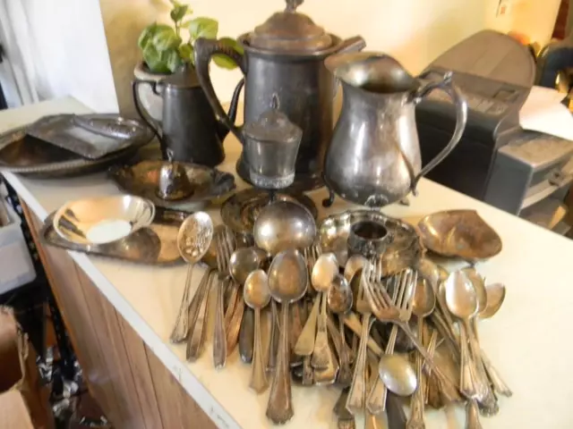14 Pounds Of Vintage Silver Plate Flatware Tea Pots And More