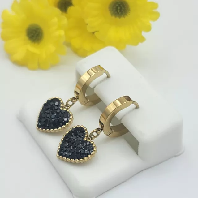 Stainless Steel & Gold Plated Black crystals Heart. Dangle Drop Hoop Earrings.