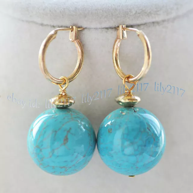 Natural Blue Turquoise Round Gemstone Beads Dangle Gold Leverback Earrings