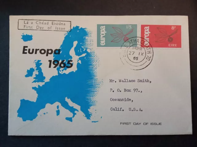 Sobre Primer Dia Fdc Irlanda 1965 Europa Cept. Circulado A Estados Unidos