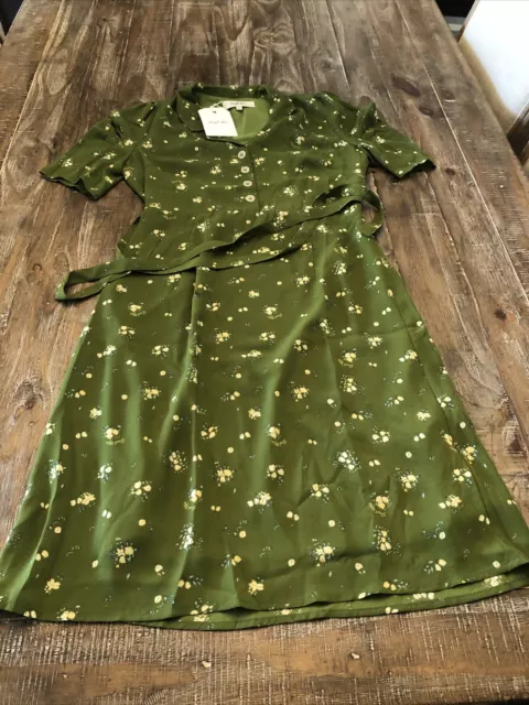 Simple Retro Floral Print Puff Sleeve Tie Back Dress Green S