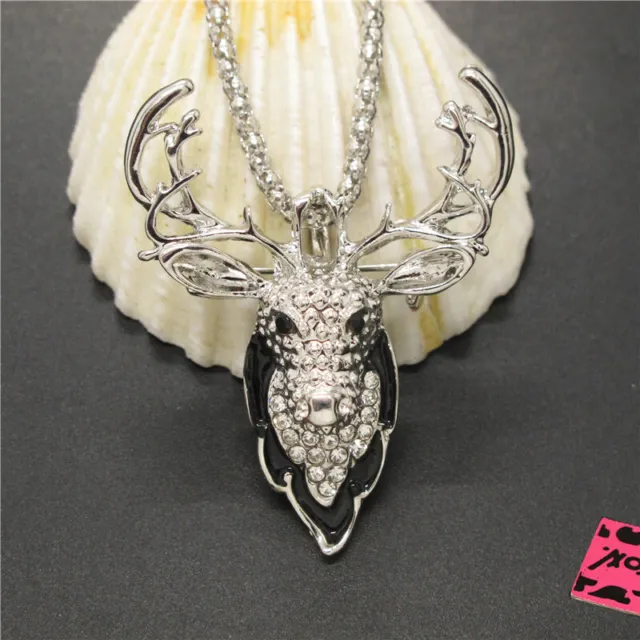 Hot Cute Bling Deer Head Crystal Betsey Johnson Animal Pendant Chain Necklace