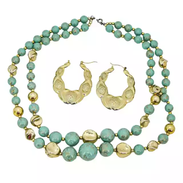 Extra Large Statement Barbie Style Necklace And Earrings Gold Tone And Teal Blue