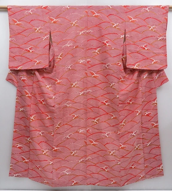 3002T02z1000  Japanese Kimono Silk KOMON Wave Dark red