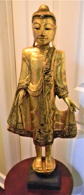 Burmese Mandalay Standing Buddha Statue Gold Gilded Tone and Simulated Glass