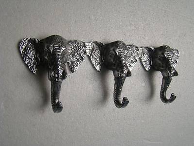 Metal Elephant Trunk Coat Hook Triple Figurine Hooks 12.5x4.5 inches .