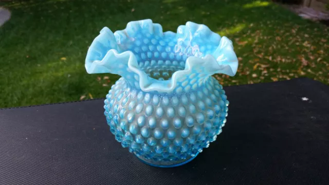 Vase Fenton Hobnail 5 1/8" Bleu Opalescent Jante Volante Verre Art 2